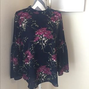 Loft Long Sleeve Navy Blue- Floral Blouse Size L
